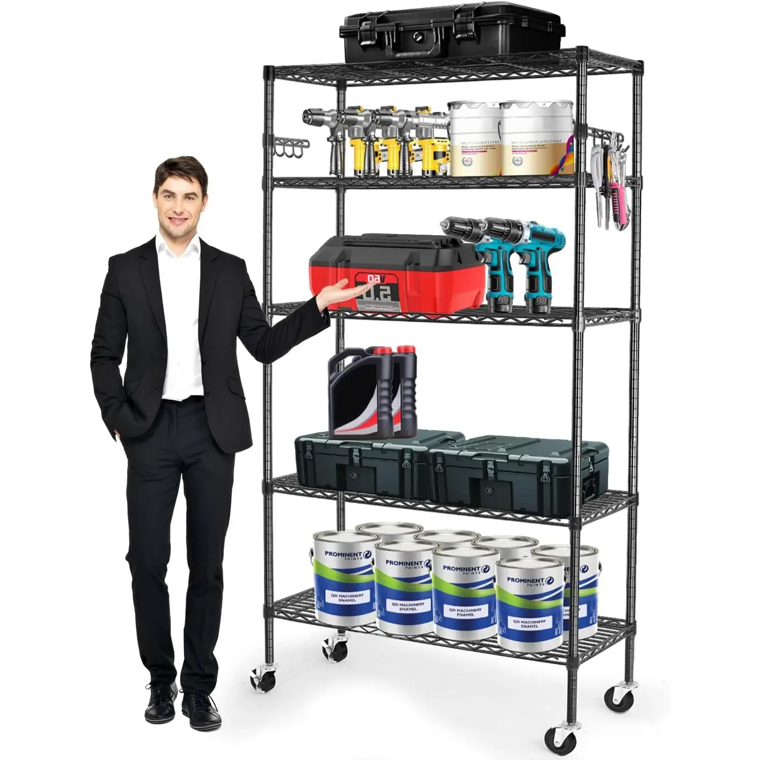 Storage Shelves,1750Lbs 5 Tier Heavy Duty Metal Rolling Shelving Unit with Wheels & 8 Hooks, Adjustable Garage Wire Rack for Kitchen, Bathroom,Industrial,Pantry(36" W x 14" D x 72" H,Black)