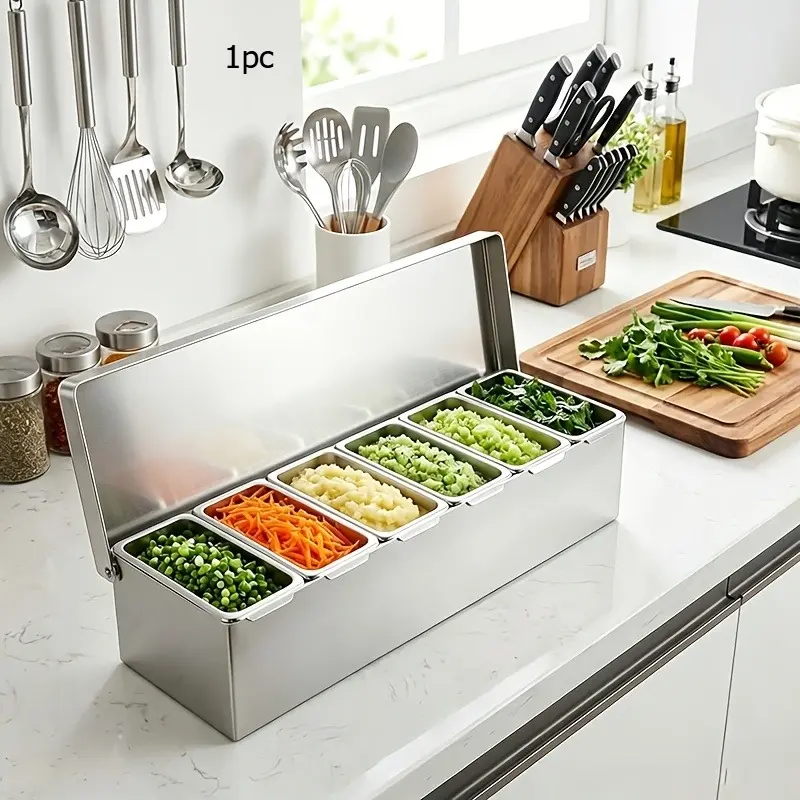 Stainless Steel Seasoning Container Set – Features 3, 4, 5, or 6 removable compartments with lids. Space-saving and easy to clean; ideal for picnics, restaurants, buffets, and more – a kitchen essential