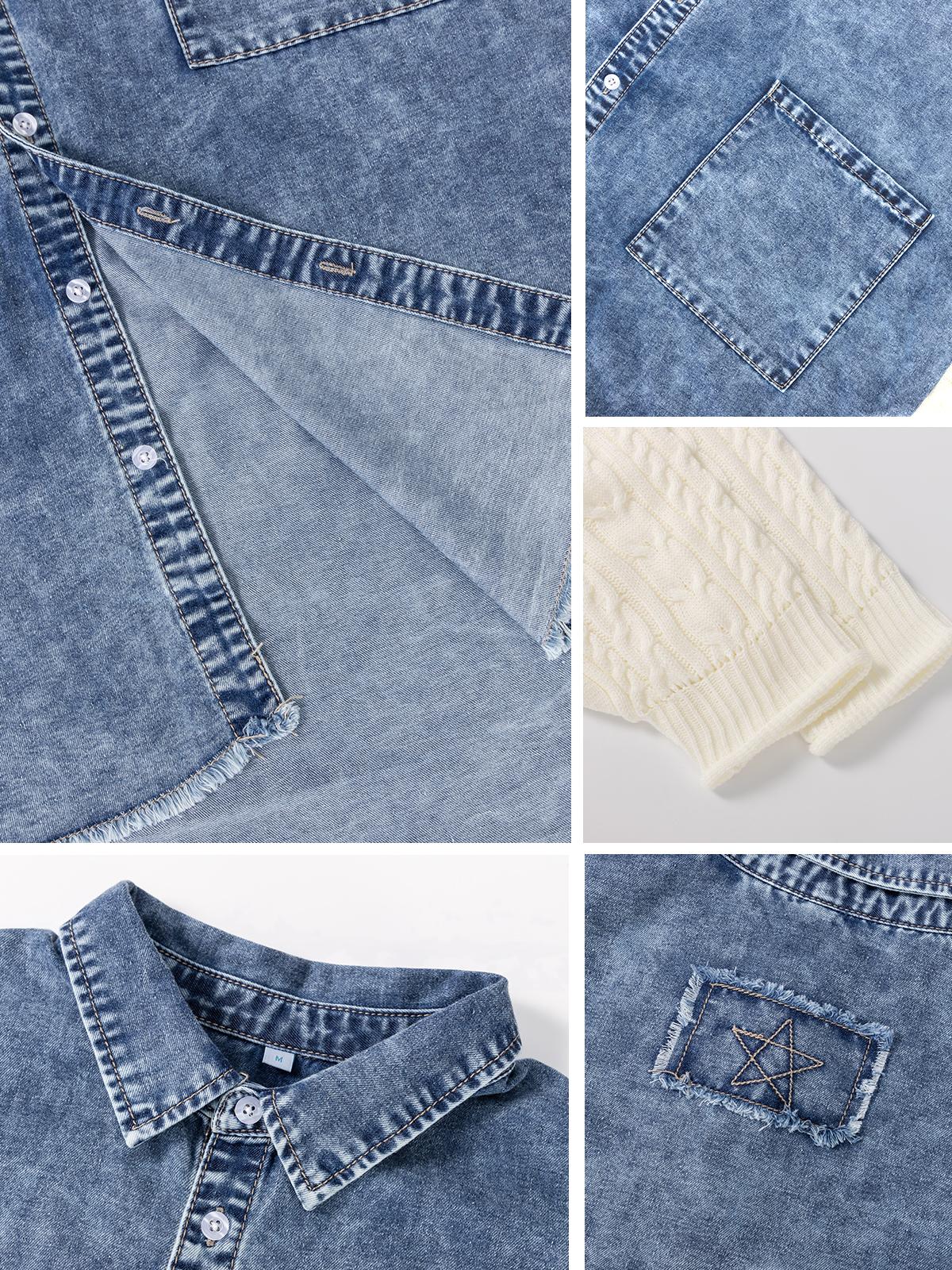 MIDIR0SS Denim Shacket with Knit Sweater Sleeves – Casual Oversized Button-Up