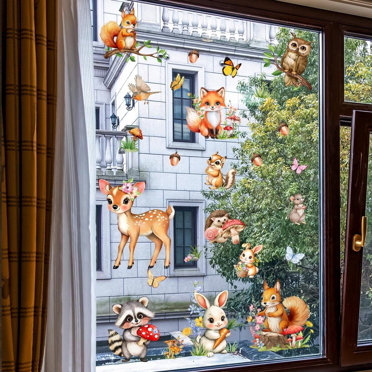 A (30*60cm) window sticker featuring a squirrel, fox, hedgehog and fawn, which is double-sided visible, static cling, a glass sticker for beautifying festival homes, living room windows, and decorating windows and shop windows, Decorative Stickers, D16550