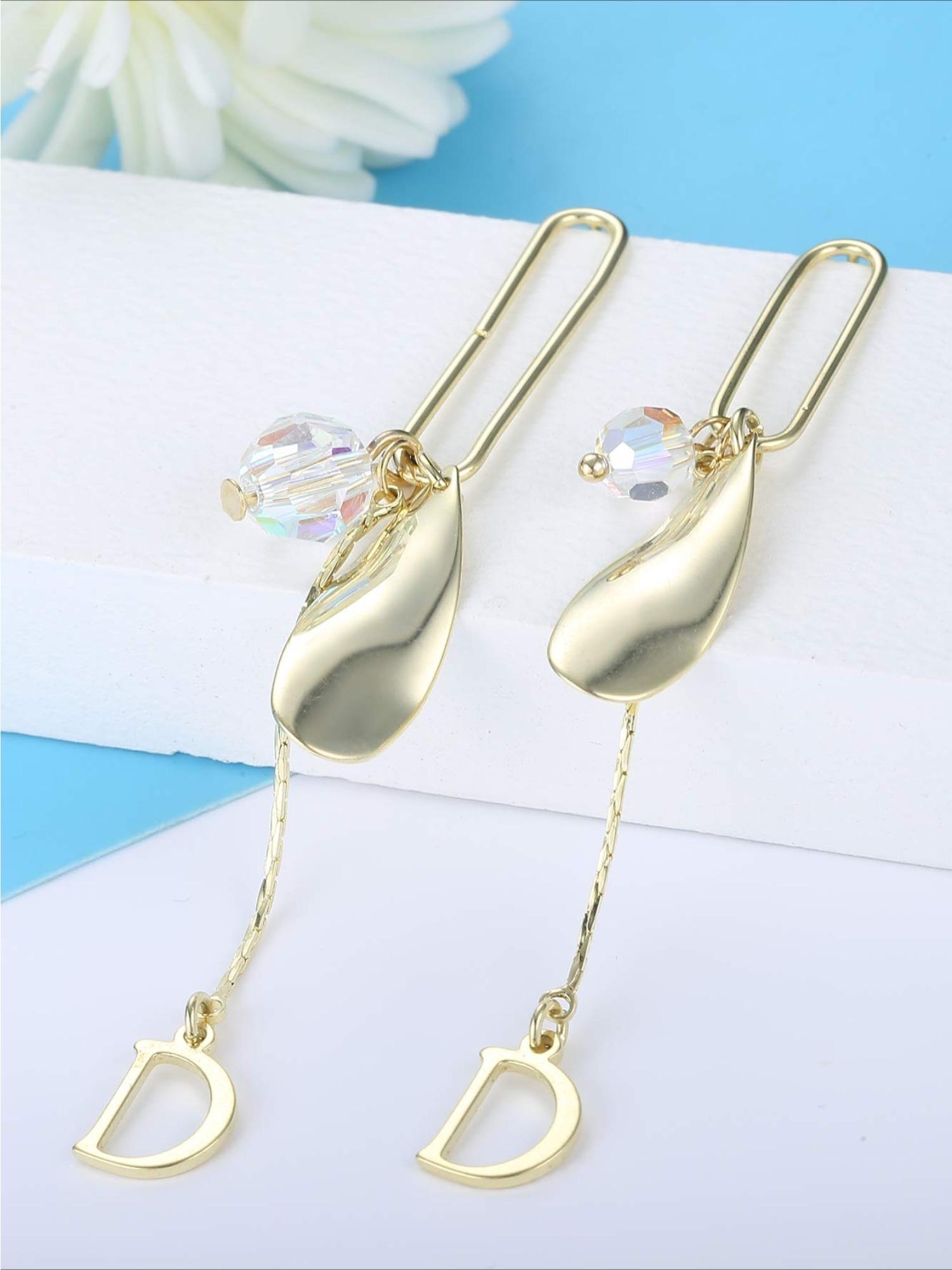 1 Pair Classic Teardrop Initial D Golden Earrings with Shining Swarovski Crystals for Women Men Fashionable Unisex Accessory Glamorous Dangle Design with Exquisite Crystal Hypoallergenic Skin-safe Durable Comfortable for Extended Daily Wear