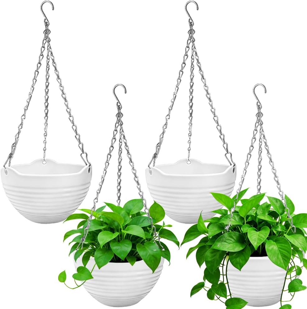 4-Pack 8-in Self-Watering Hanging Planter Pots, Round Hanging Baskets with Metal Chain & Water Tray, Space Saving Wall Plant Holders for Indoor Outdoor Garden Decor, White, Space Saving Planter, Porch Planters