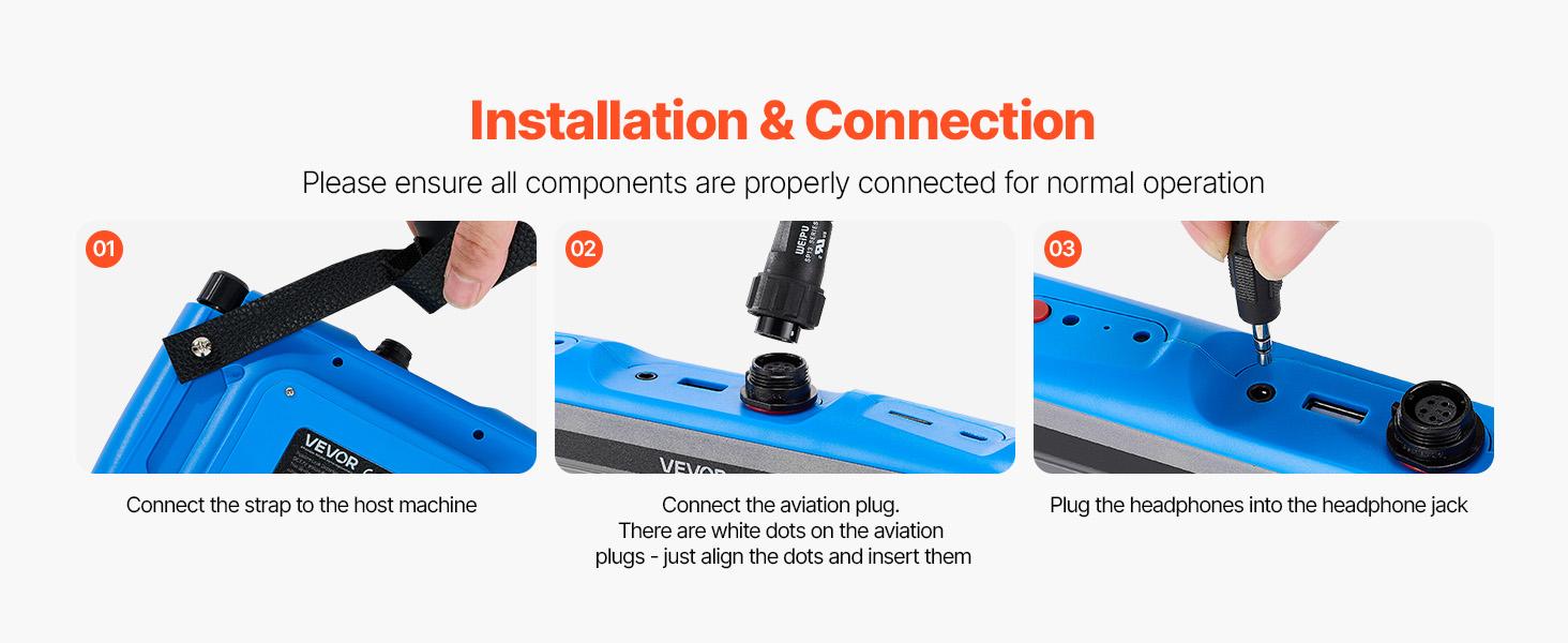 VEVOR Pipe Water Leak Detector for Outdoors, 1Hz-10000Hz, 7 Touchscreen Water Leakage Detection Locator for 16.4FT (5m) Underground Plumbing - with Medium Sensor, 3 Listening Rods, Headphone Case