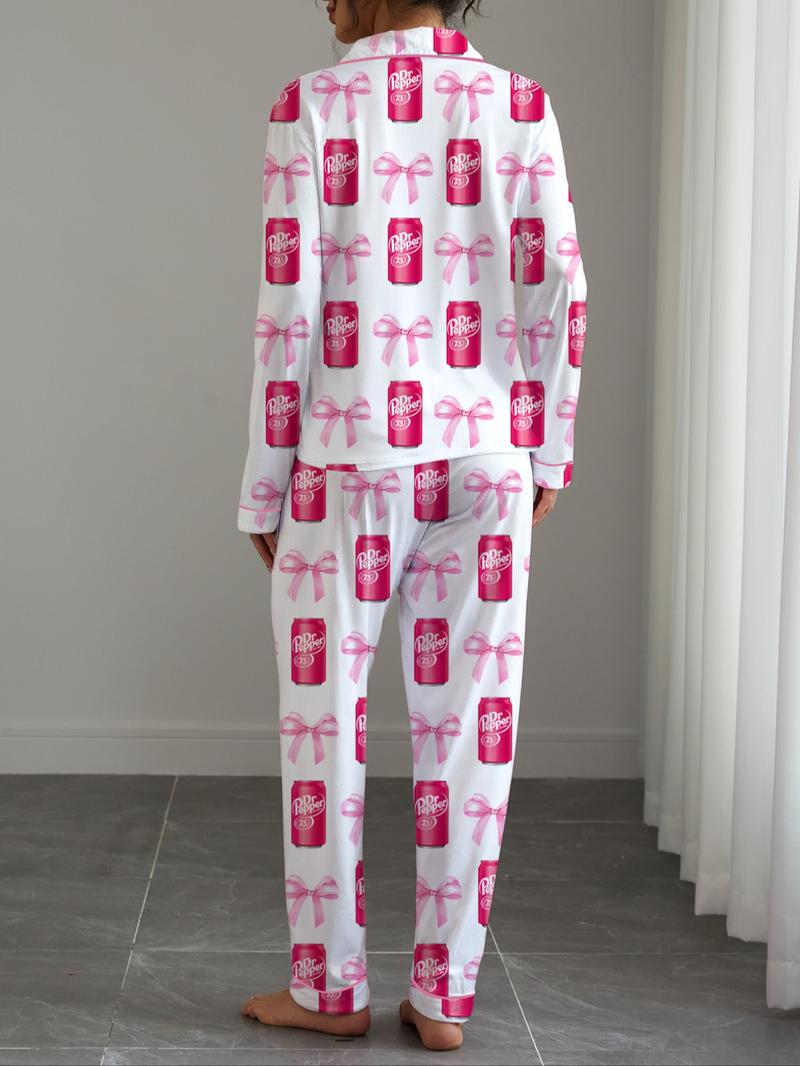 Dr Pepper,Women's Fall Winter Home Set, Soda Pattern Printed Sleepwear, Shirt Collar Button Long Sleeve Top and Loose Elastic Pants, Pajama Set