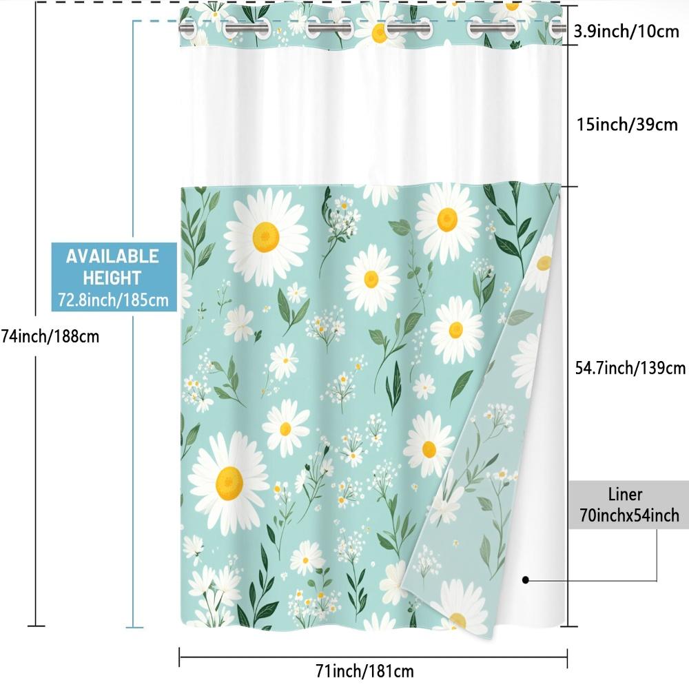 1pc hookless shower curtain with buckle lining, spring white and green daisy floral design, 2D flat printing, fabric waterproof lining, see-through double shower curtain, 71 x 74 inches, modern home draping curtain.