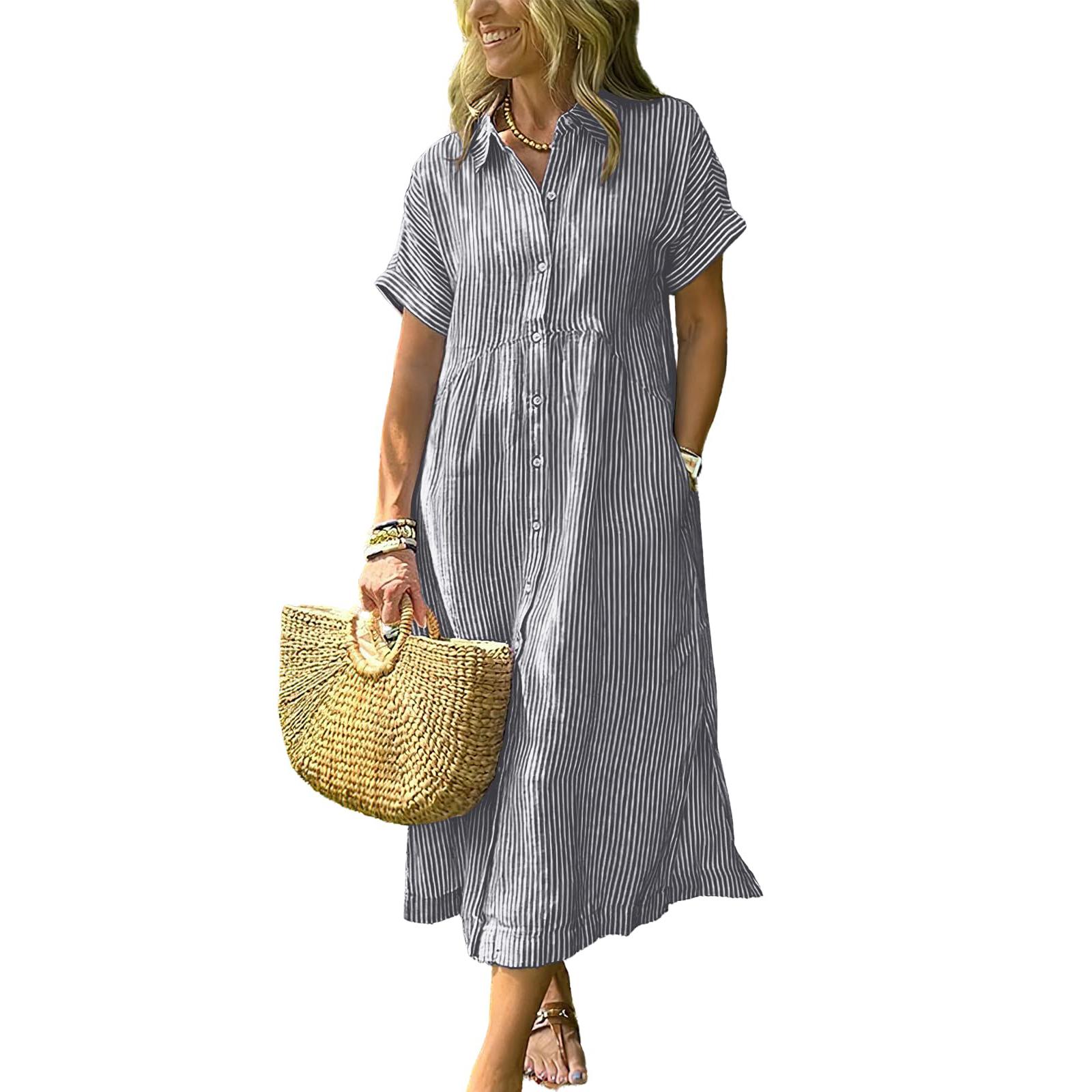 Chouyatou Women's Loose Midi Striped Shirt Dress Bohemian Side Slit Dress with Pockets SpringStatements