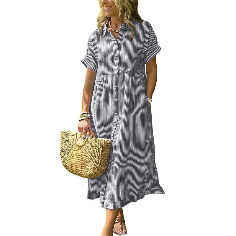 Chouyatou Women's Loose Midi Striped Shirt Dress Bohemian Side Slit Dress with Pockets