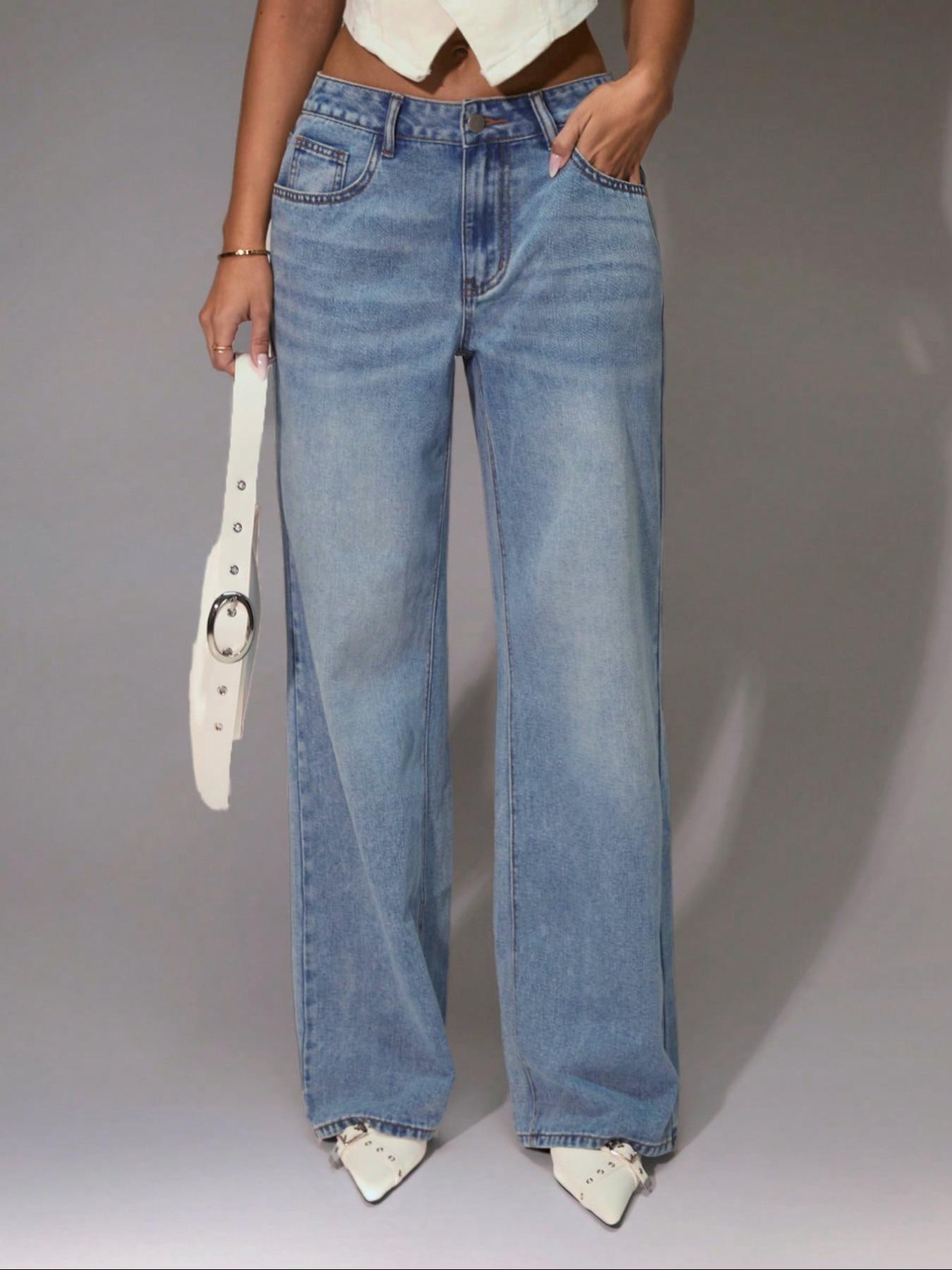 Women's Elastic Stretchy Comfortable Wide Leg Jeans, Trendy Versatile Casual Fashion Denim Jeans, Fitted Plain Style for All Seasons