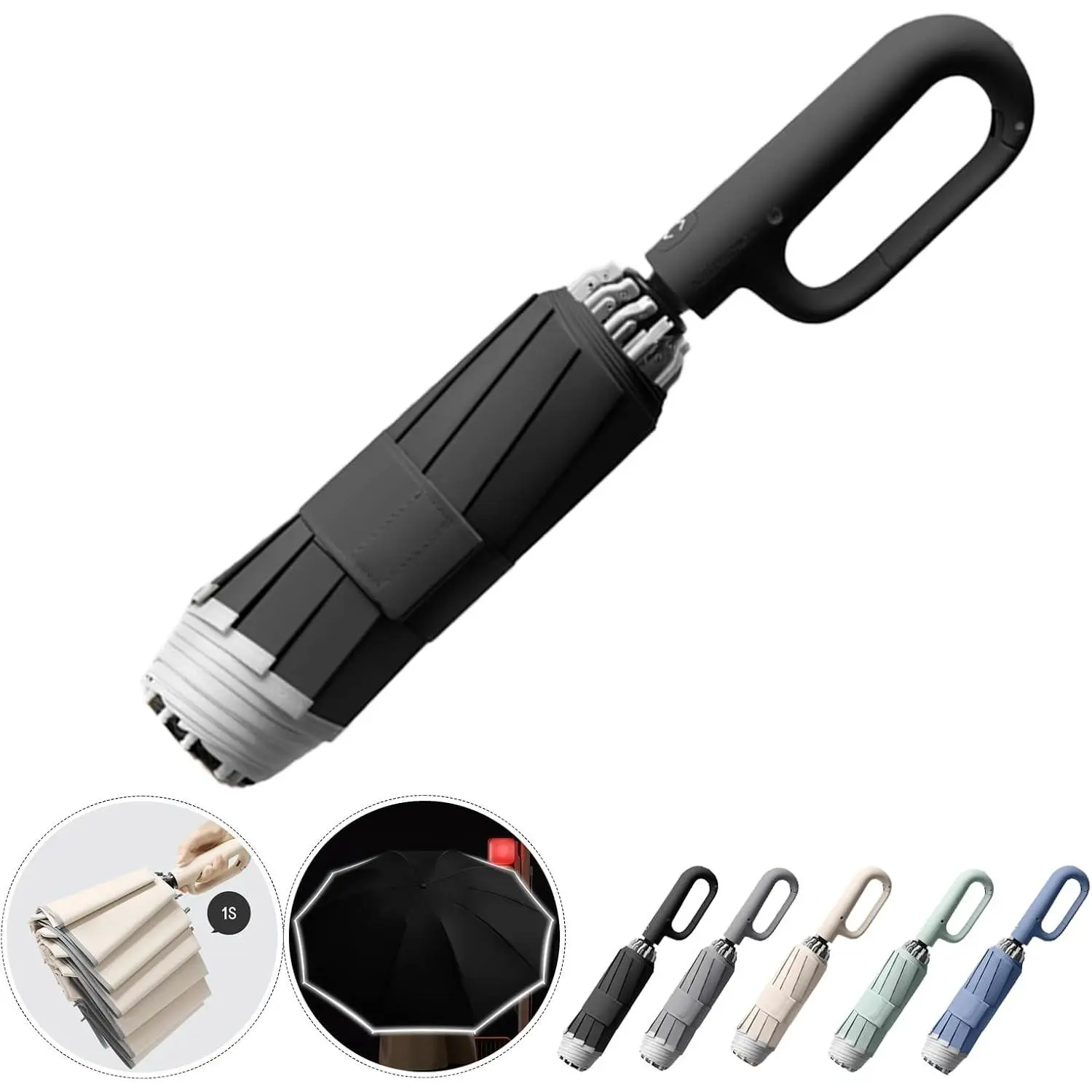 Fully Automatic Reverse Folding Umbrella with Reflective Safety Strip, Sturdy Windproof, Compact Portable for Travel, Ring Buckle Design (Black)Gift