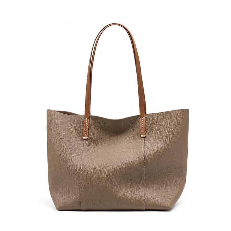 1pc Cowhide Leather Handmade Tote Bag, Spacious Commuter Handbag for Office Ladies, Stylish Daily Single Shoulder Bag with Inner Pouch.