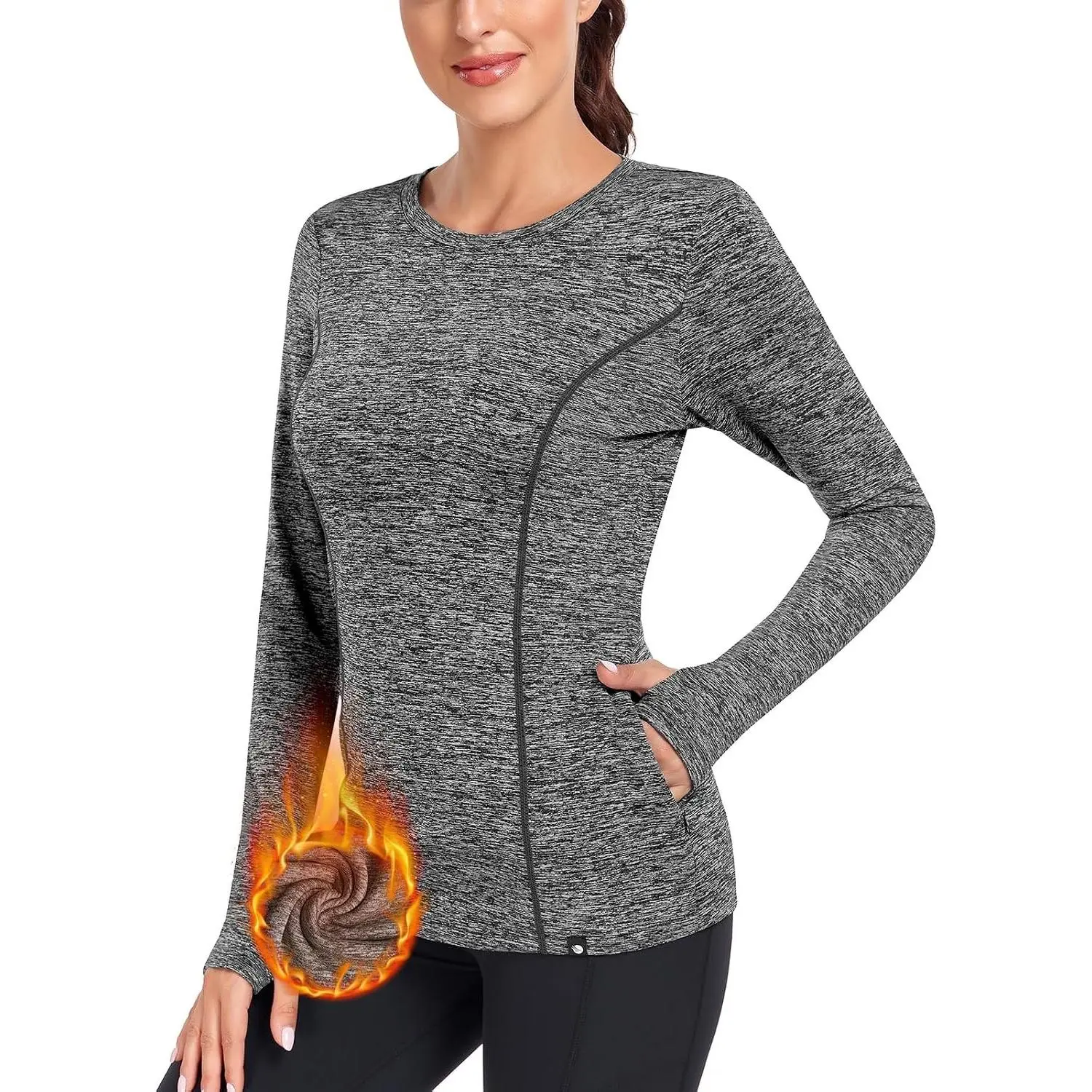 Women's Thermal Fleece Running Shirts Compression Shirts Quick Dry Workout Pullover Tops with Thumb Holes