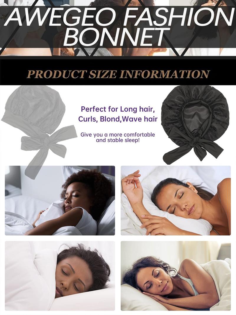 Women's Bonnet Pure Color Lace Design, Hollow Out Pattern, Double Layer Satin Sleep Cap, Non-Slip Hair Care Hat for All Hairstyles