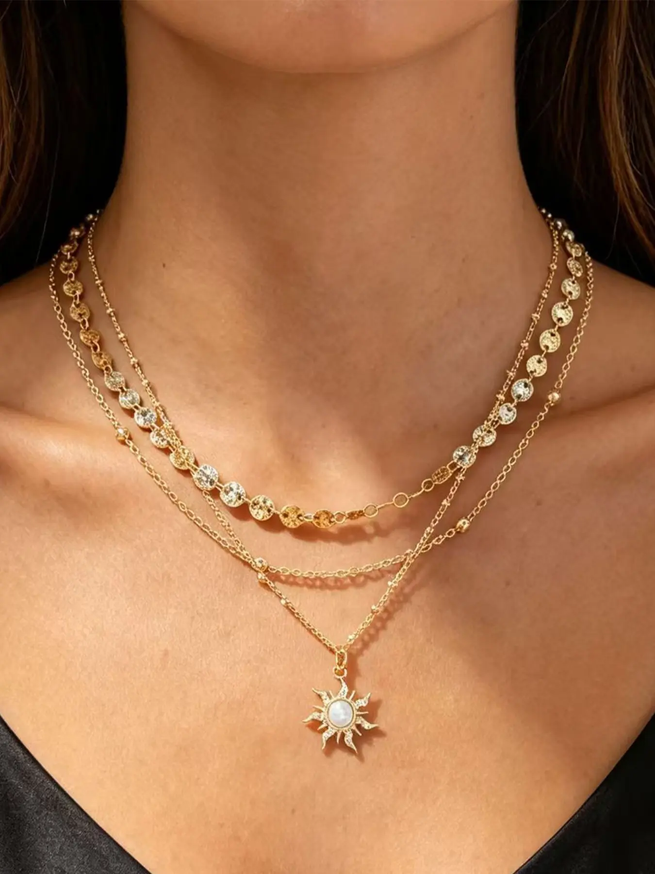 3pcs Hexagram Sun Pendant Necklace, Simple Three-Layer Stackable Necklace, Includes Round Plates and Bead Chains, Perfect for Daily Fashion, Anniversary Gift