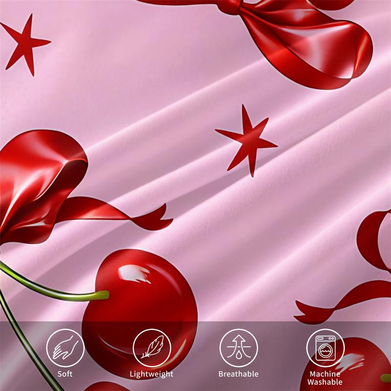 Pink cherry and bow print bedding set, cover and pillowcase combination, suitable for family bedrooms and hotels, Soft Bedding Set