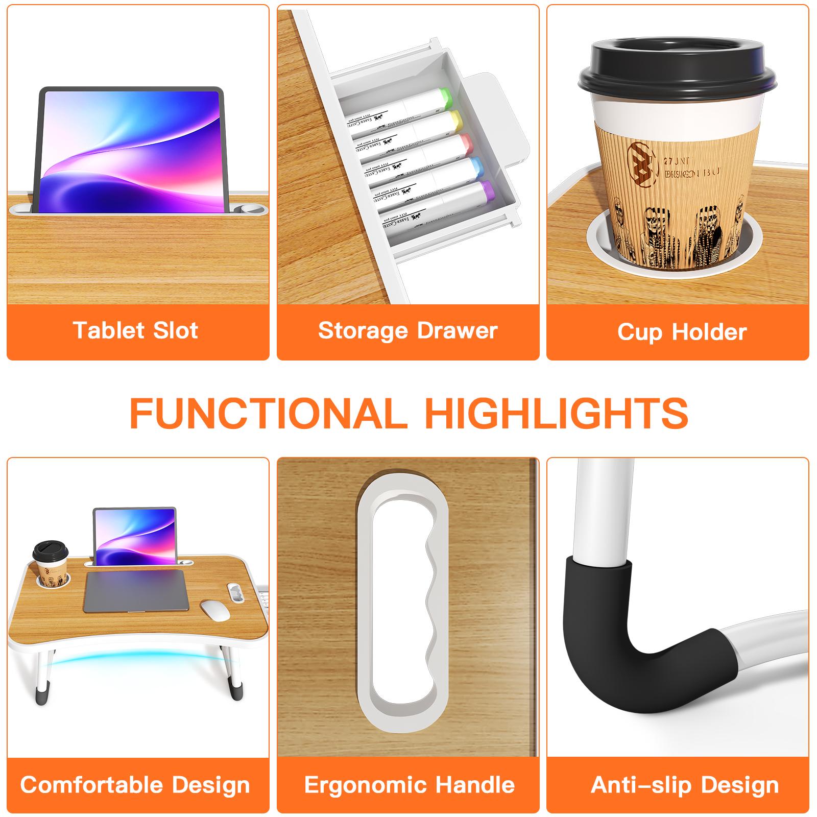 PHANCIR Laptop Desk with 4 USB Charge Port, 23.6" Foldable Wood Laptop Desk with Mini Fan/Light, Durable Edge with Slots Cup Holder & Drawer, for Reading Writing Eating & On-the-Go Use