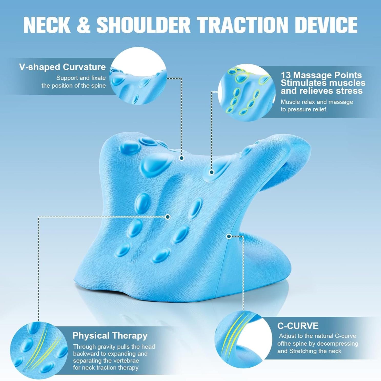 Neck Stretching Device and Cervical Traction Pillow, Pain Relief for Neck and Shoulder, Spinal and Neck Corrector, Blue Color