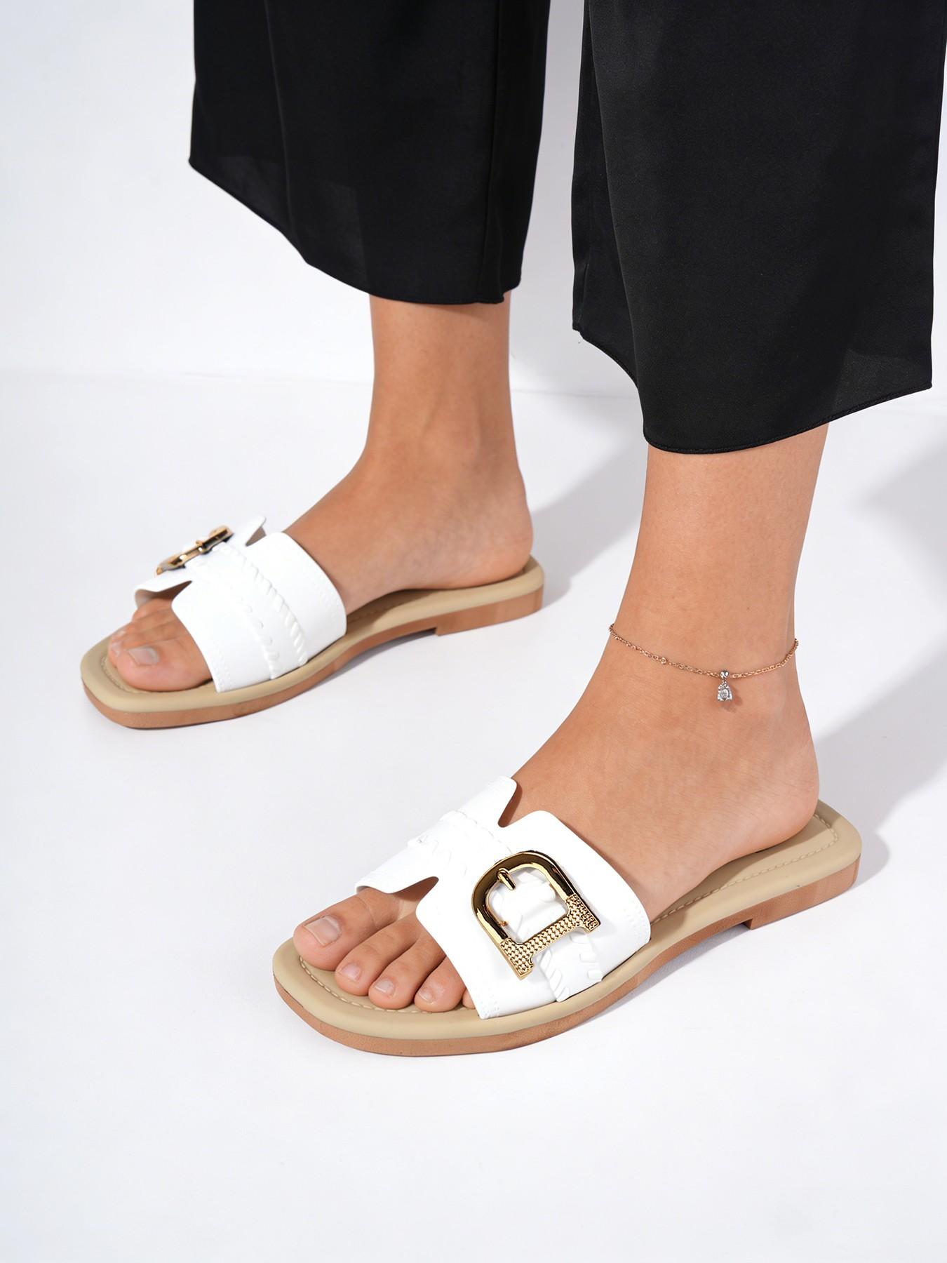 Women's Open-Toe Sandals with Decorative Buckle, Lightweight Breathable Flat Shoes, Cute Casual Style, All Seasons, Indoor Outdoor Use