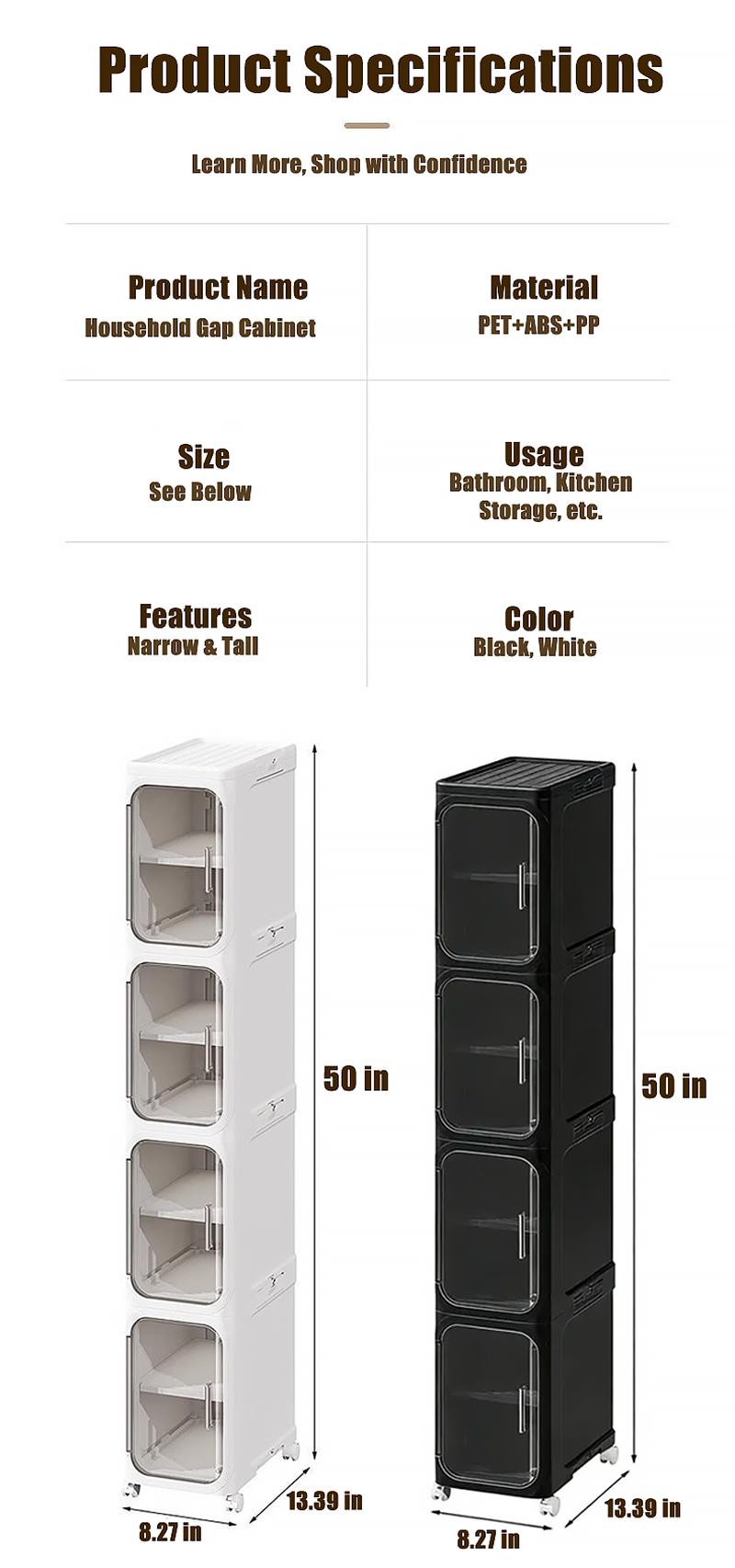 Slimline Storage Box Clear View Door Magnetic Latch Collapsible No Installation Mobile Wheels Space Saver Organizer