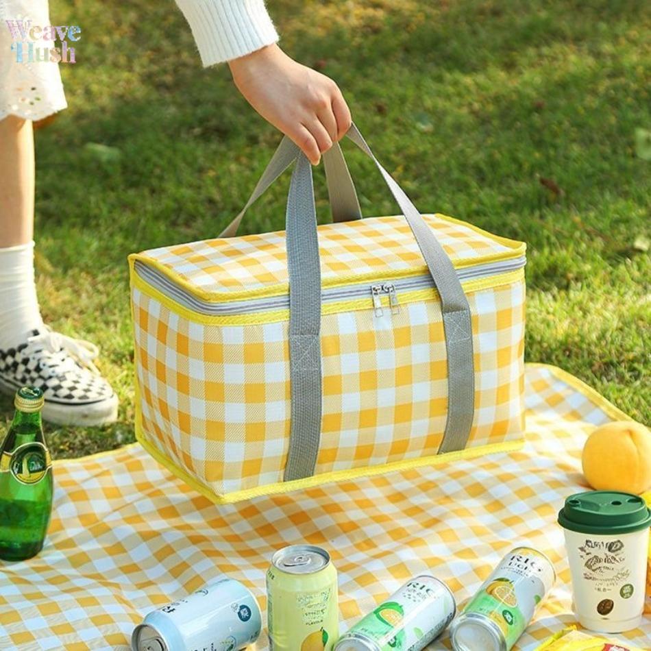 Striped Grid Polyester Cooler Bag, Large Capacity Portable Insulated Lunch Tote, Foldable with Matching Mat for Camping & Picnics, Cooler Bags, Synthetic, Insulated Bag