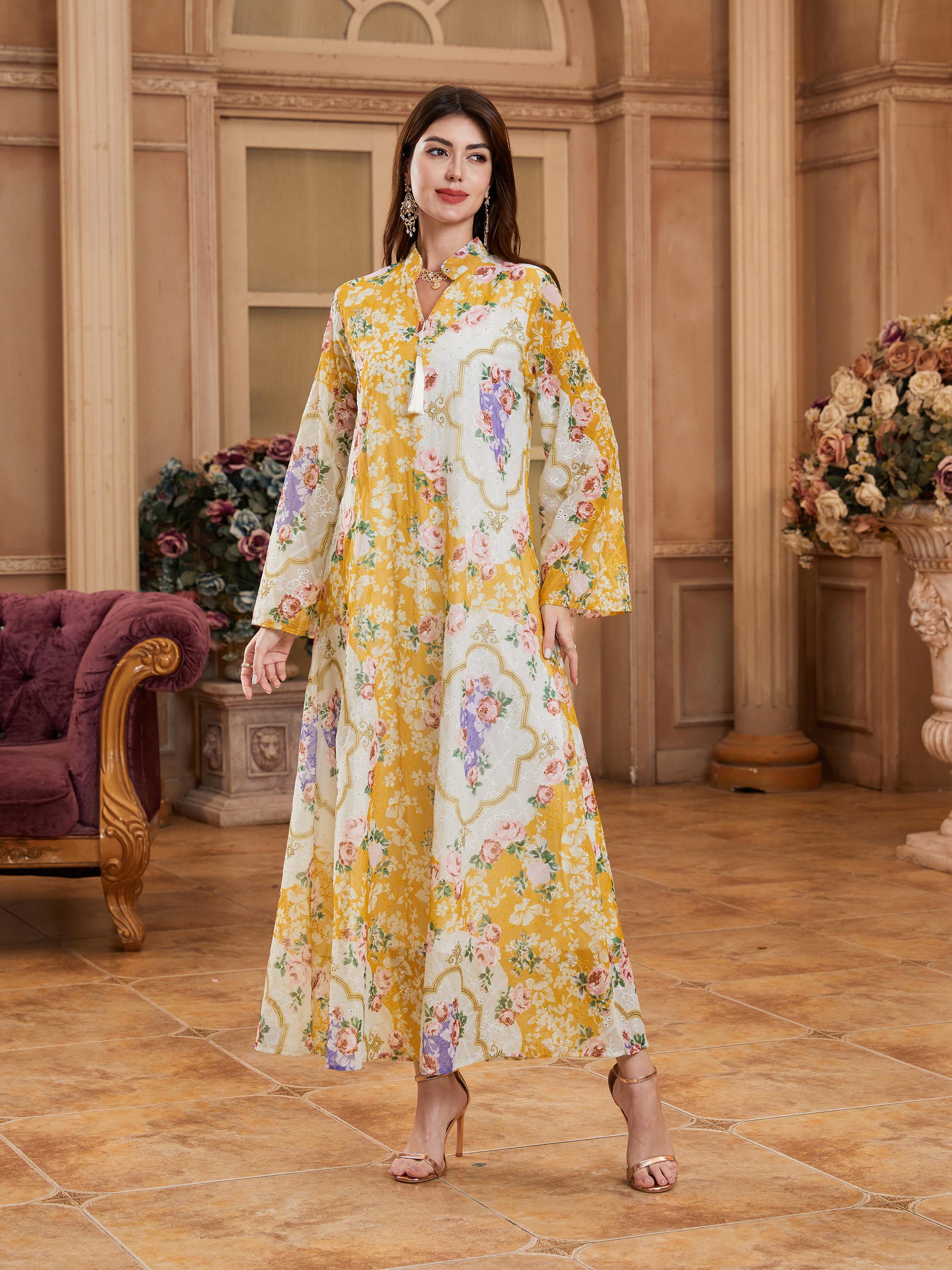 Middle Eastern Muslim Breathable Floral Long Sleeve Dress, Stand Collar Fringe Pendant, Sparkling Rhinestone Robe with Lining, Modest Style Islamic Clothing, Muslim Dresses, Modesty Muslim Clothing
