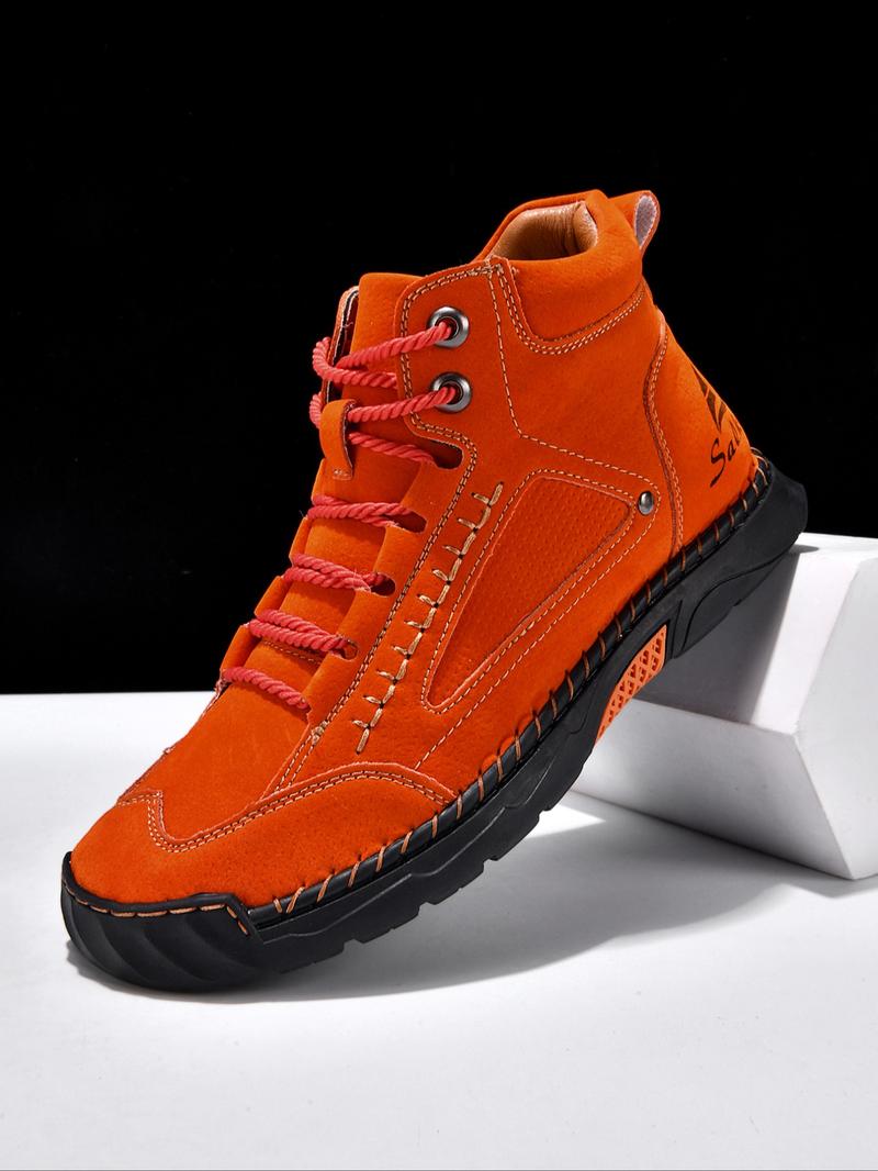 Men's Fashionable Patchwork Design Lace Up Ankle Boots, Casual Comfortable Breathable Non-slip Boots for Outdoor Activities, Durable PU Leather Shoes for Fall & Winter