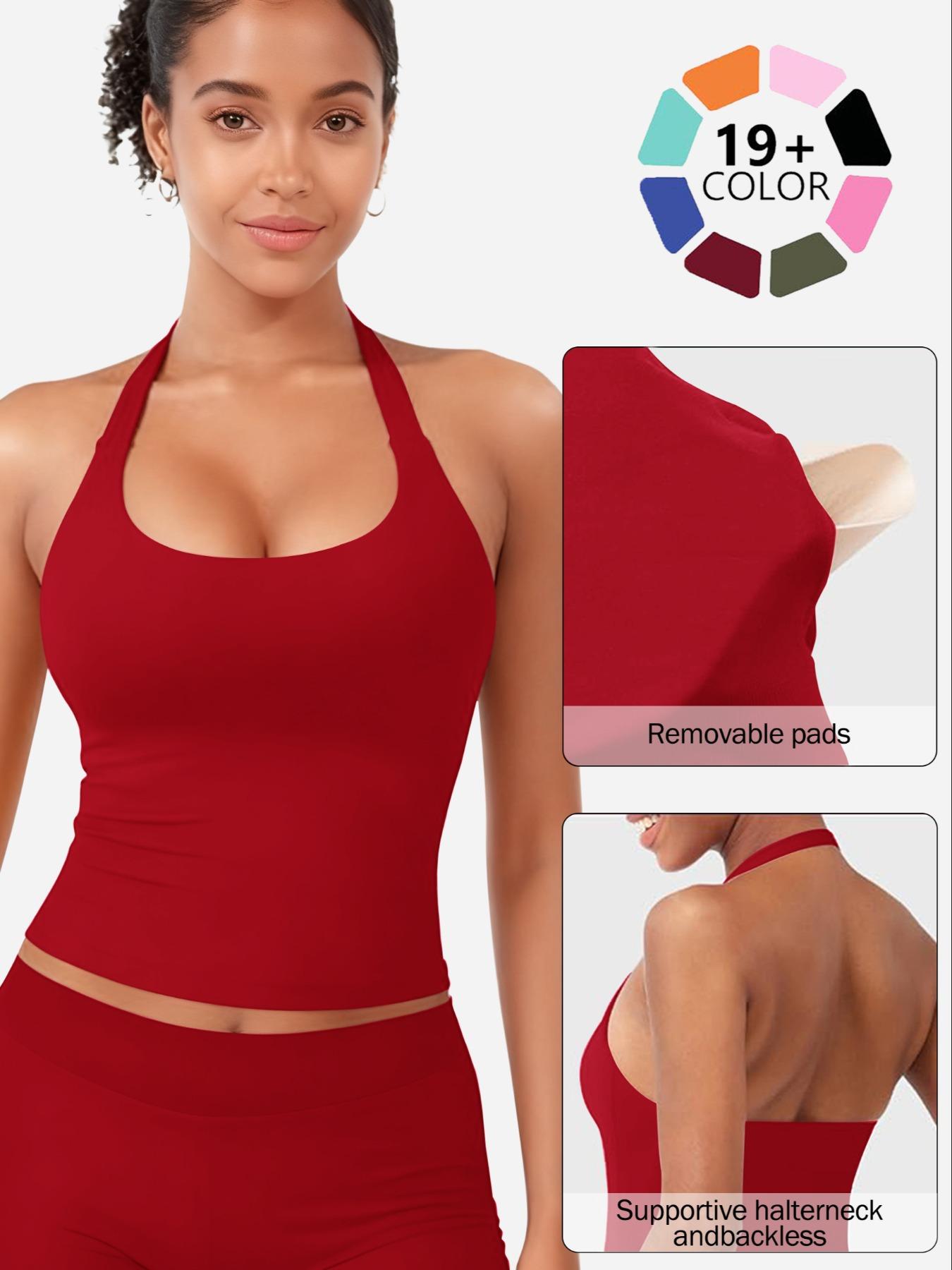 Women's Solid Removable Chest Pad Sports Tank Top, Casual Comfort and Durability Halter Neck Sports Top for Yoga Gym Workout, Ladies Sportswear for All Seasons, Backless Sports Vest, Hollow Back Activewear