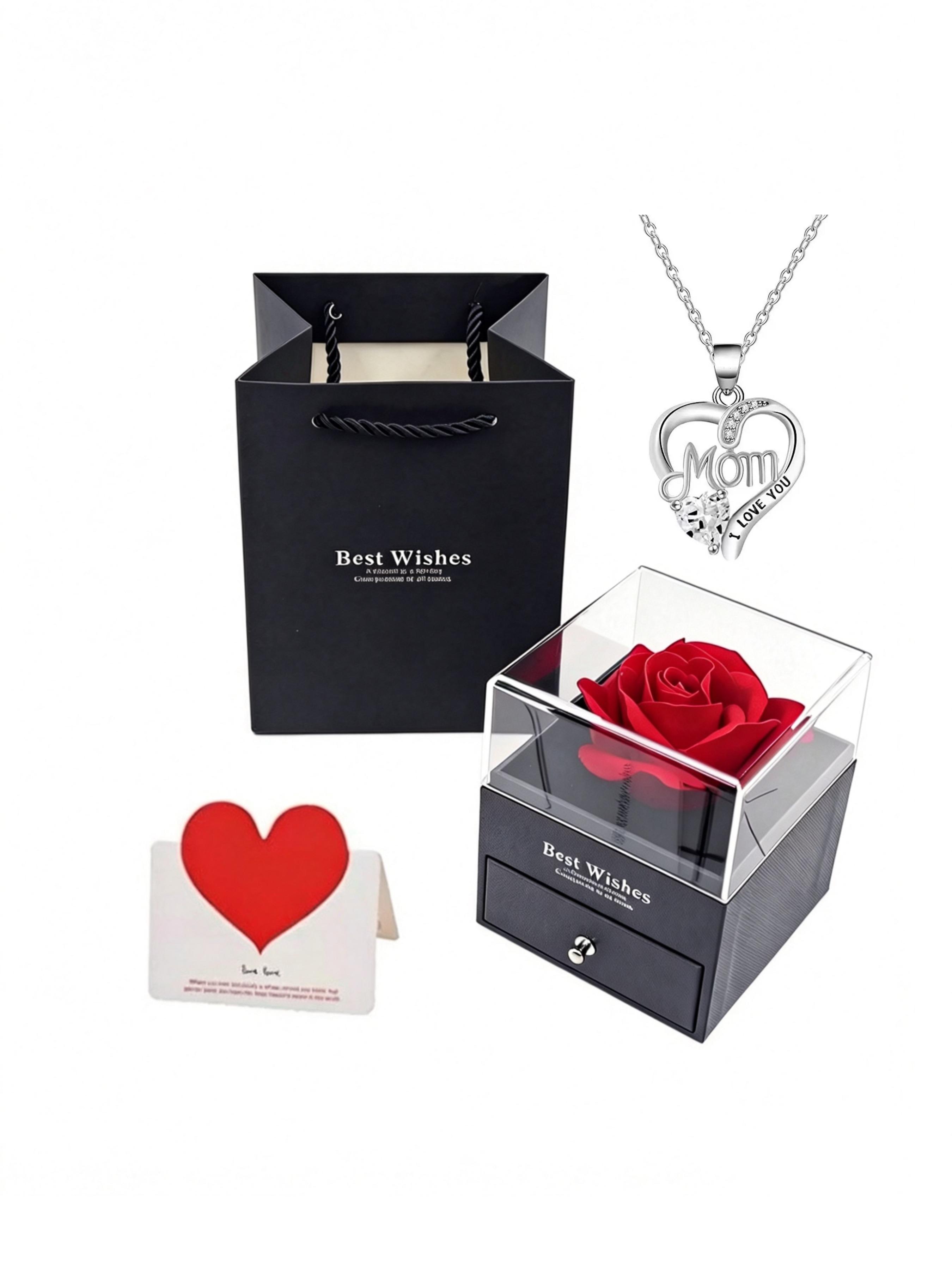 Mother's Day Gift Necklace, Heart Rose Flower Pendant, Personalized Letter Engraving, Elegant Jewelry Box Packaging, Perfect for Mom