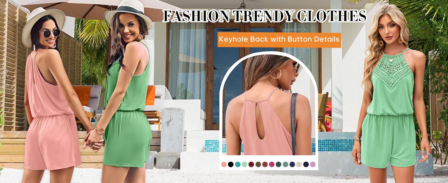FMEYOA Womens Rompers Casual Summer Rompers Short Halter Jumpsuits Solid Color Elastic Waist Outfits with Pockets Cotton Womenswear