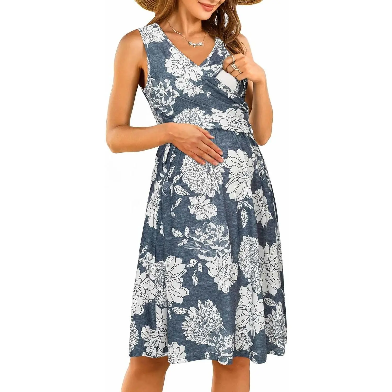 Women's V-Neck, Sleeveless, Summer Floral Print Maternity Nursing Dress for Breastfeeding