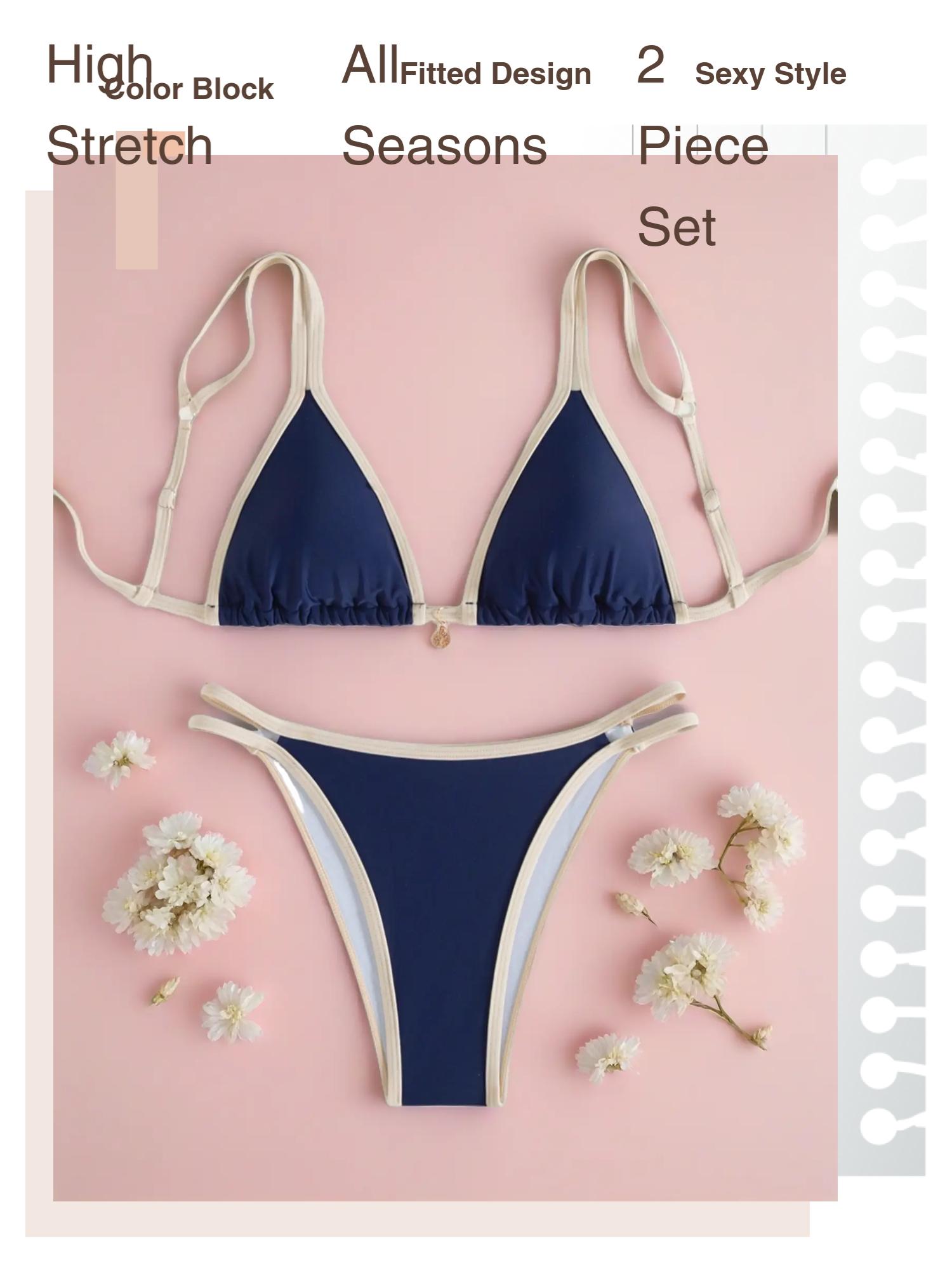 New Color Block Bikini Sexy Set, Colorblock Bikinis Set, Fitted Thin Fabric Swimwear for All Seasons, Sleek Aesthetic Trendy Beachwear for Women