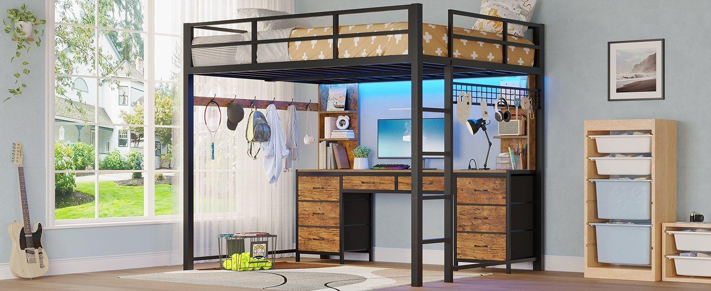 Sikaic Full Metal Loft LED Bed Frame with 8 Storage Drawers & Charging Station and 4 Open Storage Shelves Brown