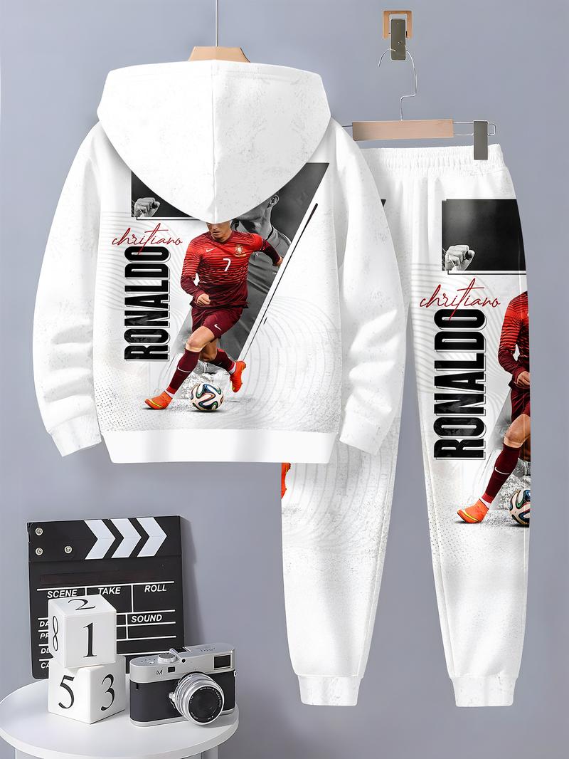 Boy's CR7 Football Themed Sweatsuit with Soccer Number Prints, Hooded Sweatshirt and Pants, Casual Outfit for Spring & Fall
