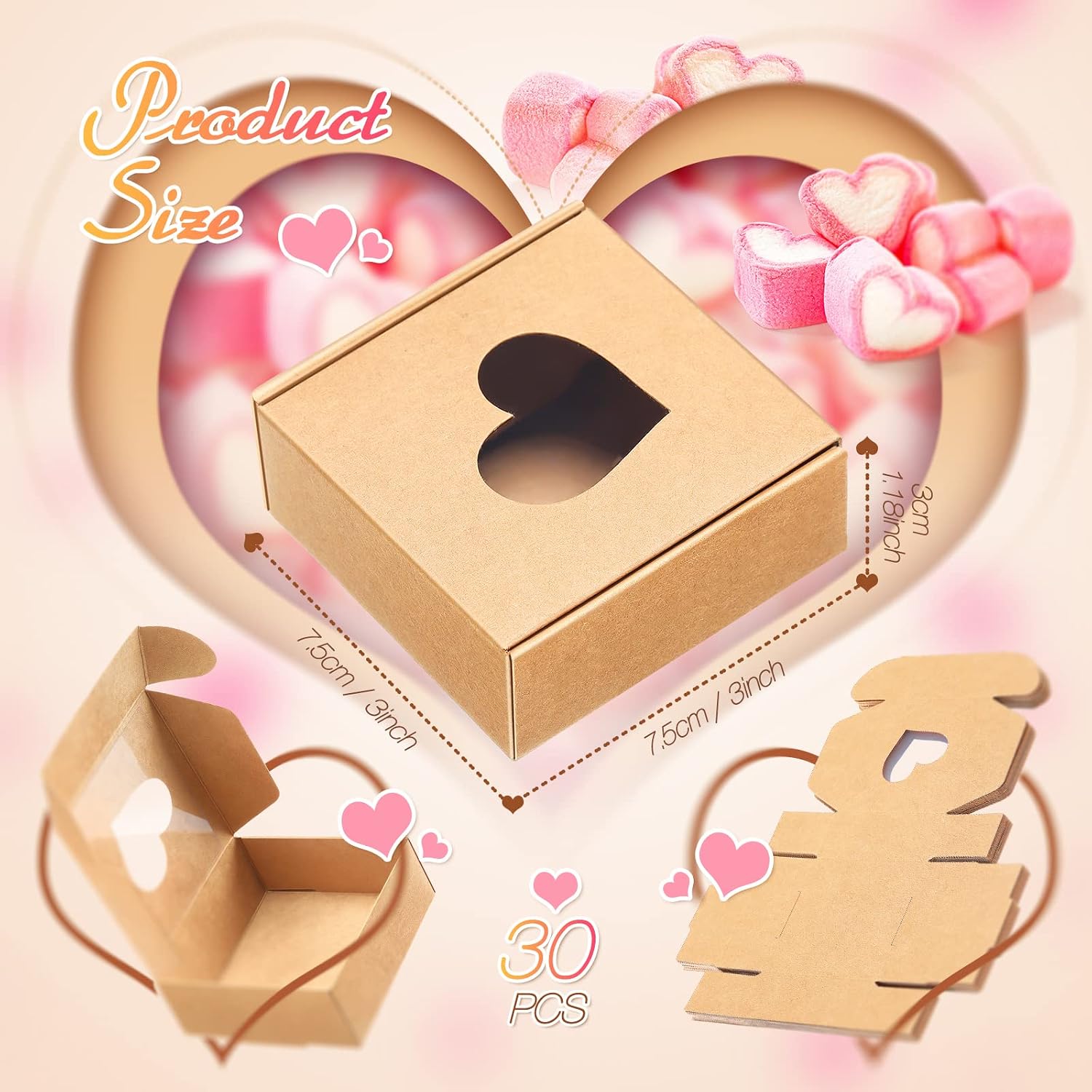 30 count Mini  Box with Clear Heart Shaped Window  Craft Paper Small Cookie Packaging Boxes 3 x 3 x 1. 2 Inch for Individual Cupcake Bakery Valentine Gifts Party (Brown)