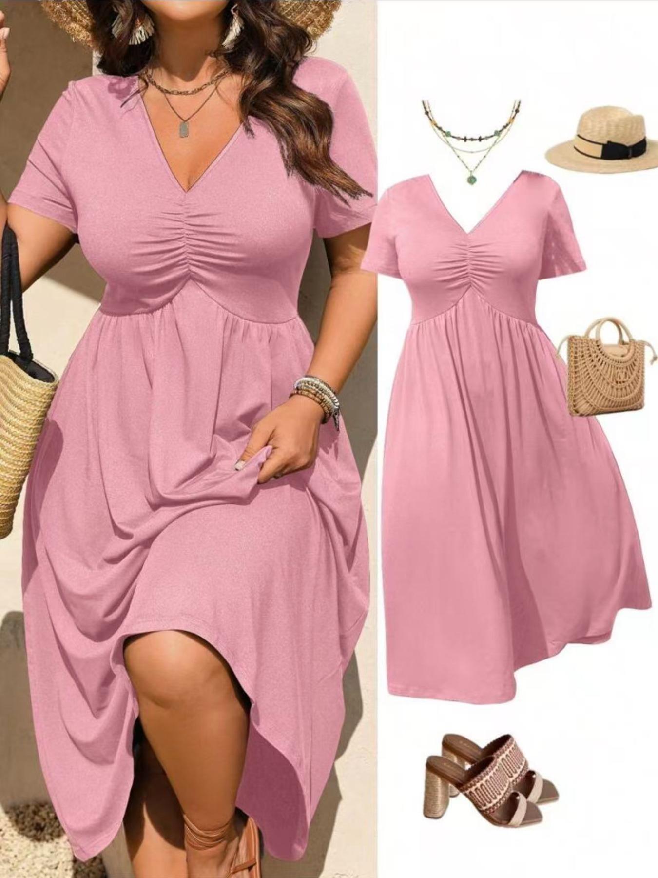 Plus Size V-Neck Ruched Fitted Bra Top Short Sleeve Midi Dress, Casual Summer Flowy A-Line Skirt, Women's Fashion Clothing