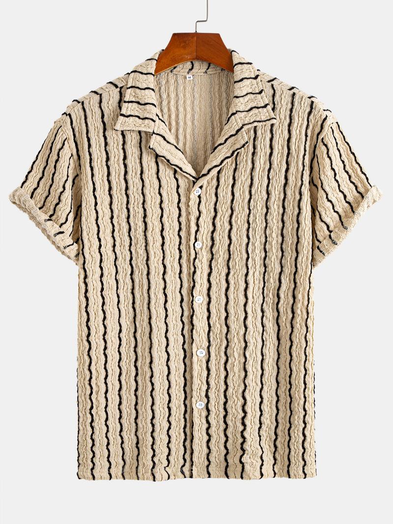 Men's Spring Summer Casual Vacation Cuban Collar Short Sleeve Shirt, Knitted Jacquard Striped Leisure Top, Comfortable Breathable Fabric