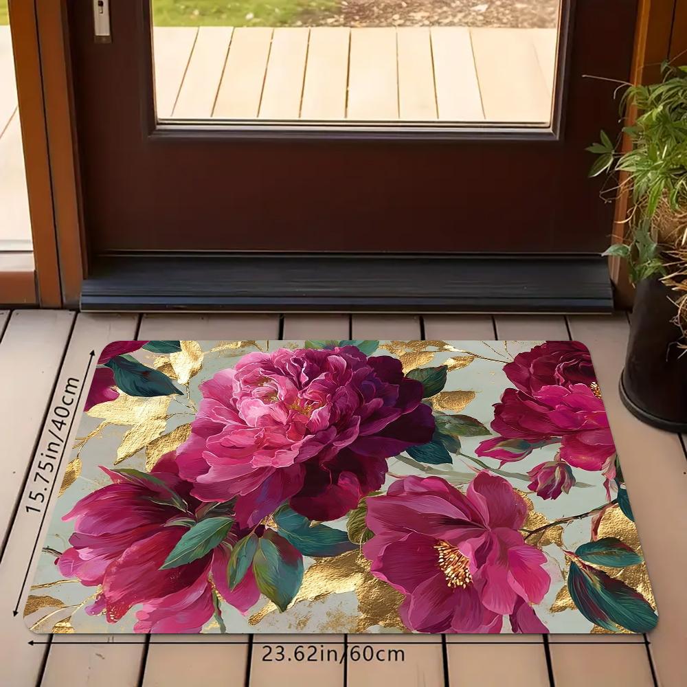 Luxury Gold Foil Peony Kitchen Rug Set, Vintage Floral Non-Slip Washable Floor Mats, Elegant Botanical Runner Rugs for Kitchen, Living Room & Home Decor