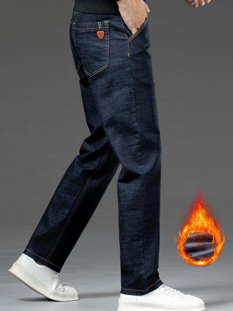 Men's Fleece Lined Denim Jeans, Loose Straight Leg Long Pants, Warm Cotton Elastic Fashion for Fall & Winter