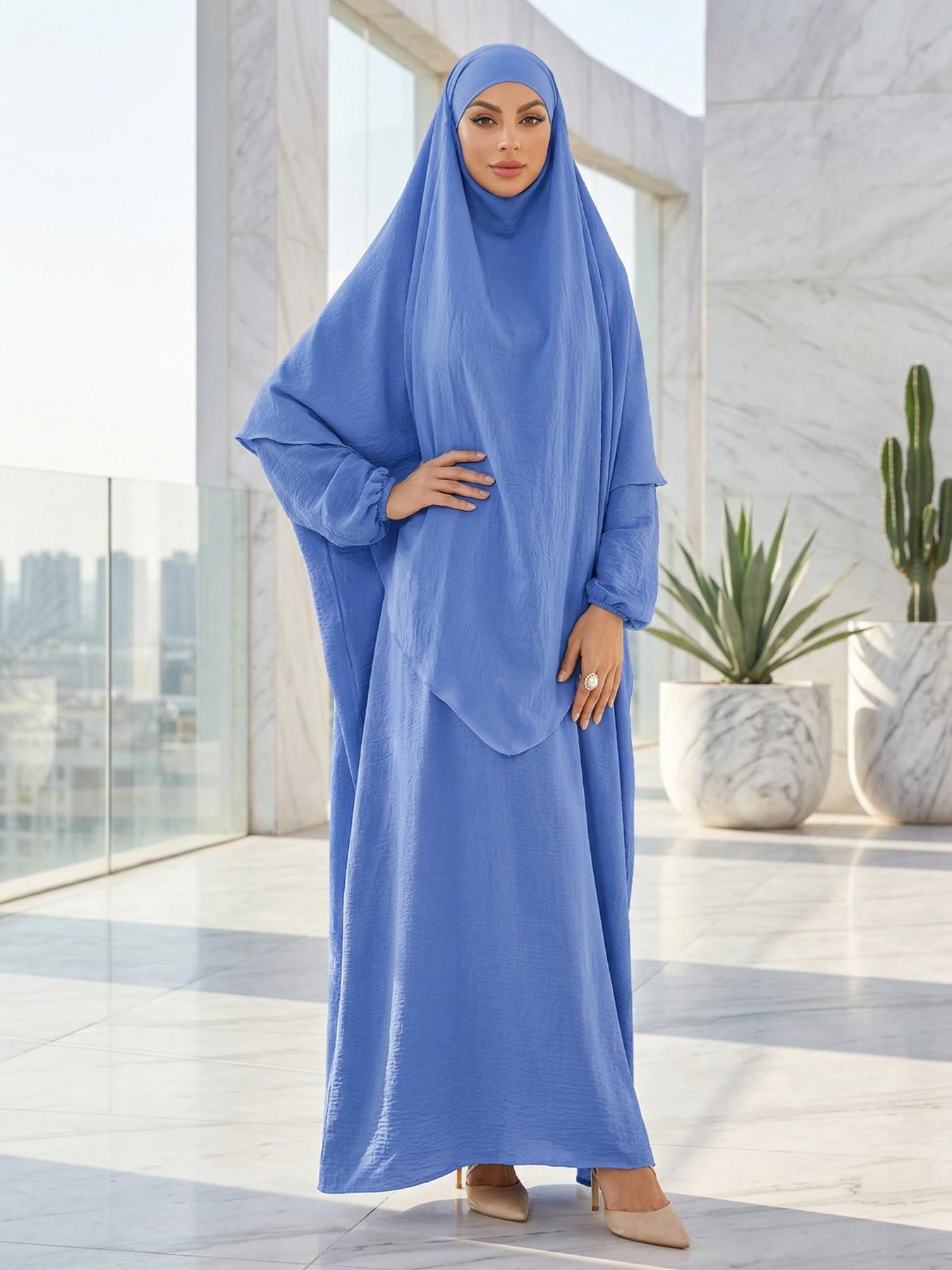 Women's Solid Long Sleeve Abaya & Hijab Set, Modest Fashionable Two-piece Outfits for Women, Women's Islamic Clothing for Daily Wear