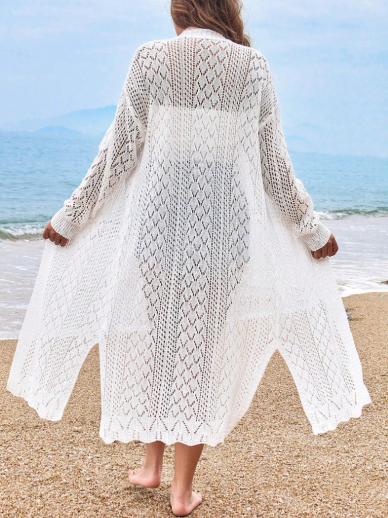 Women's Solid Drop Shoulder Long Sleeve Swimwear Cover Up Cardigan, Fashion Casual Hollow Out Sheer Long Outerwear for Beach Vacation Holiday, Ladies Summer Clothes, Beach Cover Ups, Swimsuit Cover Ups
