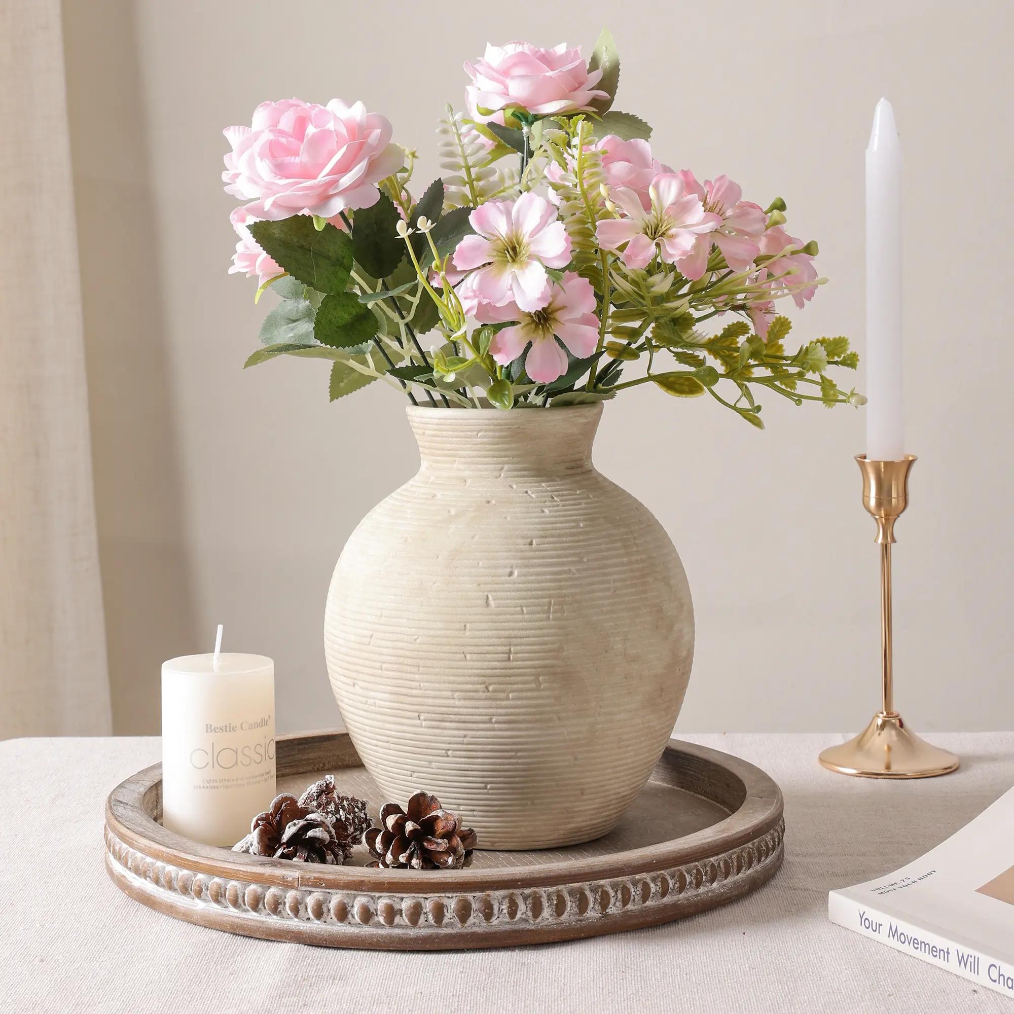 Ceramic Flower Vase Home Decor, 7.4 in Farmhouse Table Vases Rustic Vintage Living Room Kitchen Bedroom Decoration Pottery Decorative Vases for Flowers House Shelf Office Desk Dining Entryway, Retro, Flower Vases for Centerpieces