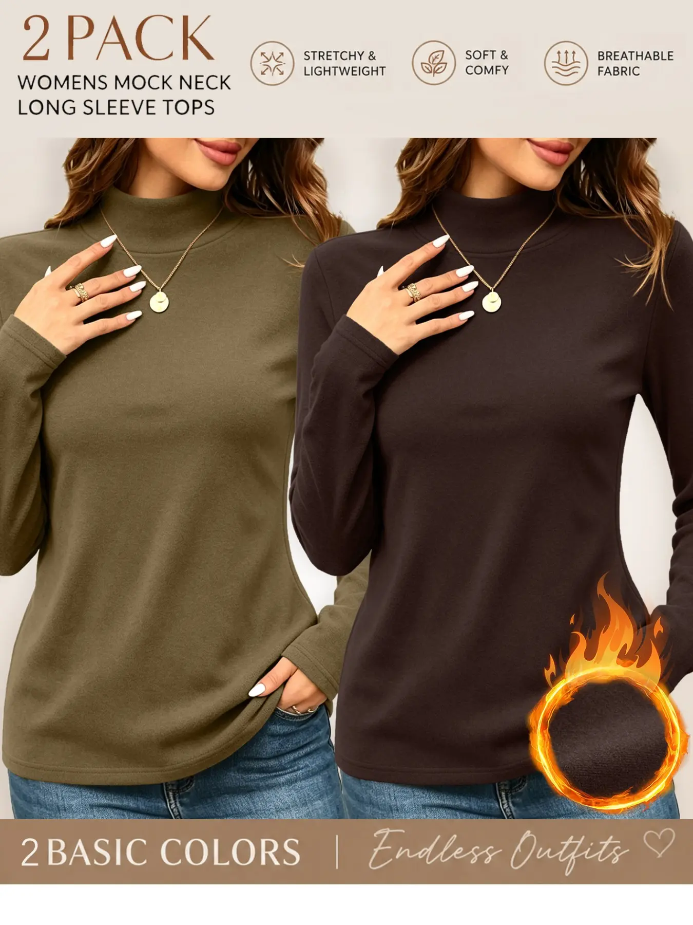 2-Pack Women's Half High Neck Long Sleeve Fleece Lining Casual Top, Multiple Colors, Fall Winter Clothing, Soft Breathable Fabric