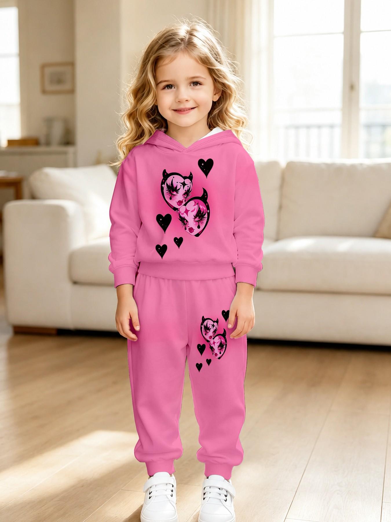 Girls' Sweet Cool Hoodie Set, Heart Devil Cartoon Print, Loose-Fitting Long Sleeve Sweatpants, Trendy Kids Fashion