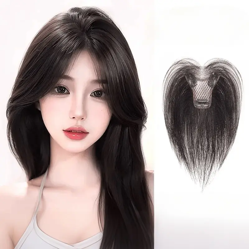 Wig with 8-shaped bangs, hairpiece for women, crown topper for added volume, fluffy texture, conceals gray hair, realistic hairline hairpiece