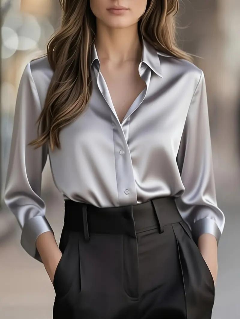 Elegant Women's Satin Blouse for Spring & Fall, Office Wear, Casual Ladies' Top, Soft and Comfortable, Pure Color Design Elegant Women's Satin Blouse for Spring & Fall, Office Wear, Casual Ladies' Top, Soft and Comfortable, Pure Color Design