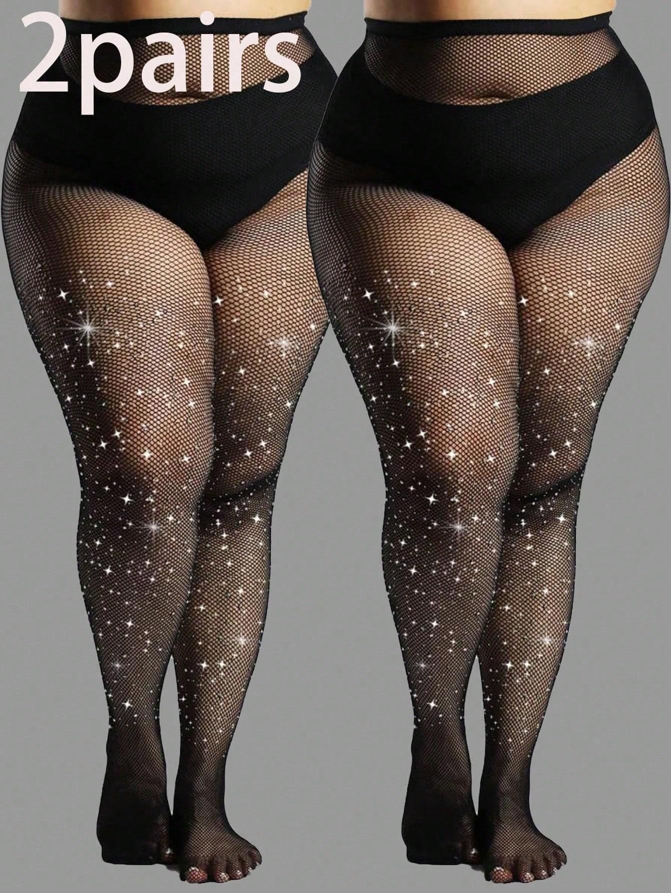 2pcs Plus Size Women's Rhinestone Embellished Fishnet Tights, Stretchy Skinny Mesh Stockings, Goth Style, All Seasons Clubwear