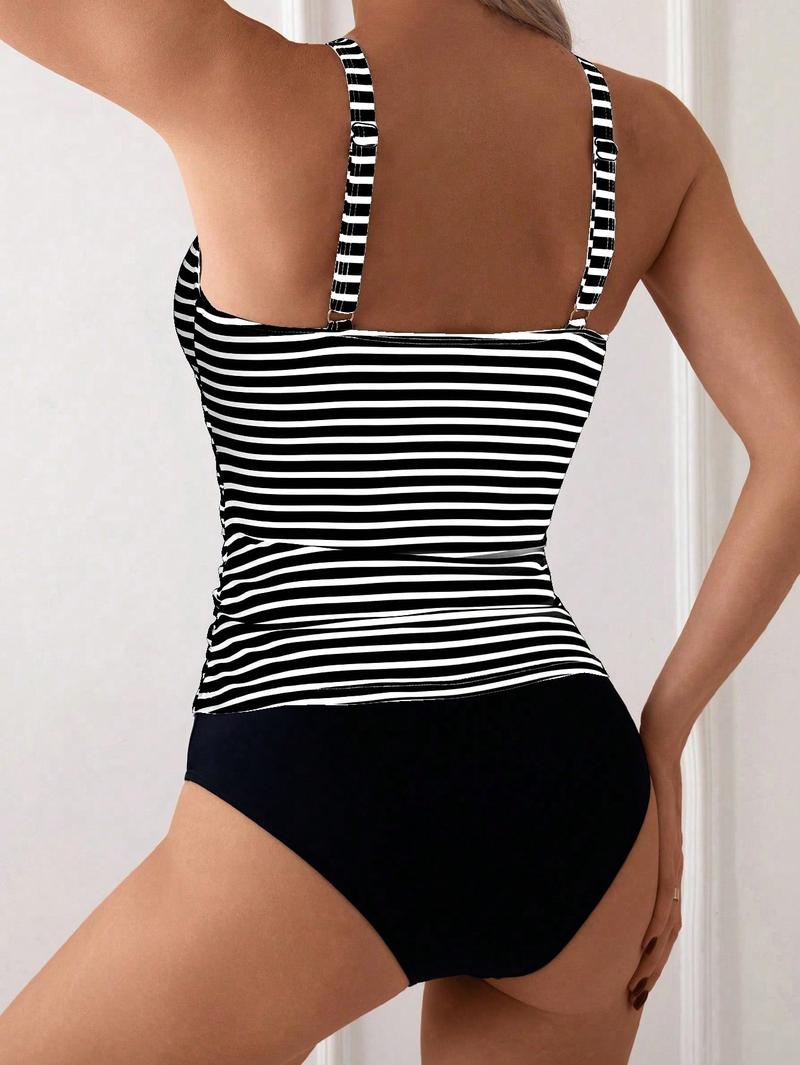 Women's V Neck Two-Piece Swimsuit Set, High Waist Swimwear with Ruched Top, Slimming Belly Control Bathing Suit