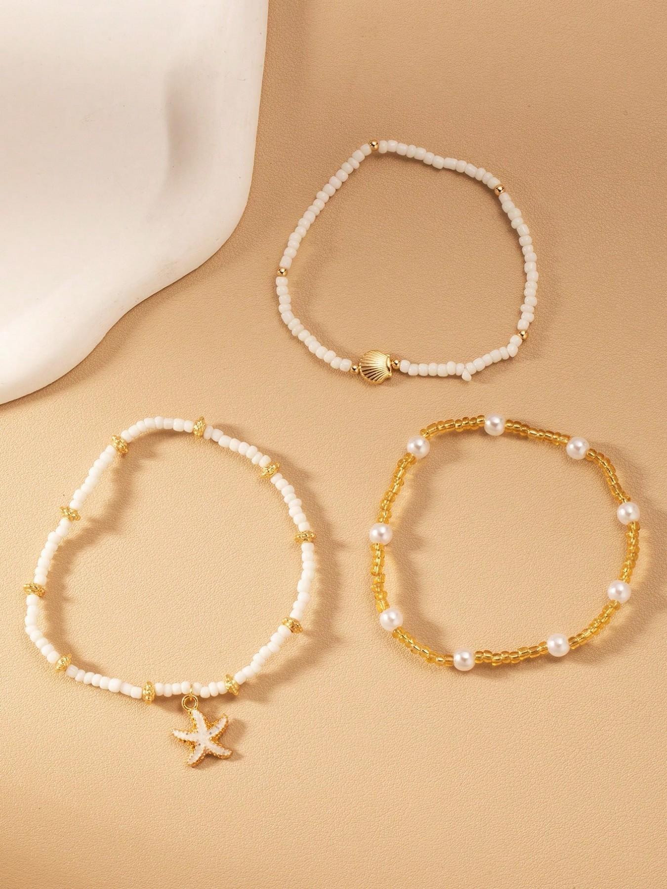 6 Pcs Boho Ocean Style Beaded Imitation Pearl Ccb Metal Star Shell Ankle Bracelet Set, Elastic Fit for Most Ankles, Women's Daily & Festival Wear
