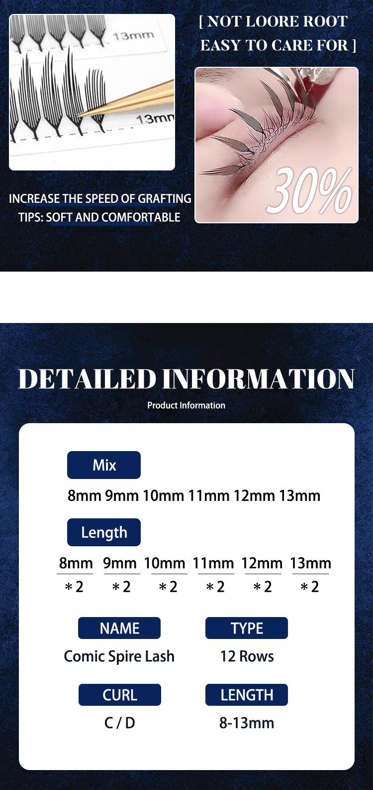 Winky Beauty Elf Spire False Lashes 8-13mm Mixed Natural Doll Style, Professional Eyelash Extension Supplies, 0.07mm Thickness