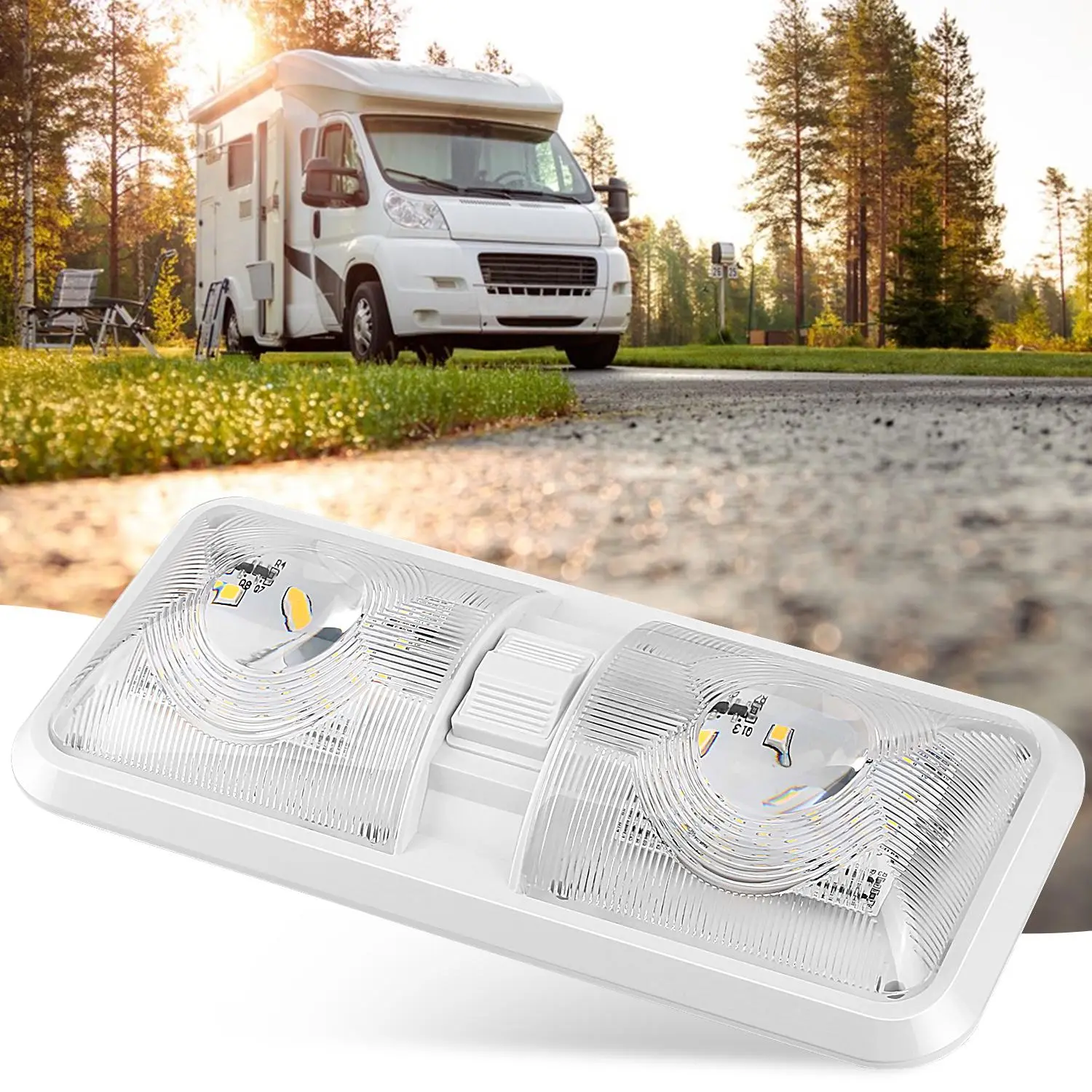 RV LED Lights 1/2 Pack 12V Double Dome Ceiling Fixture with Switch, Interior Lighting for RV Trailer Camper Van Truck Boat toolupgrade