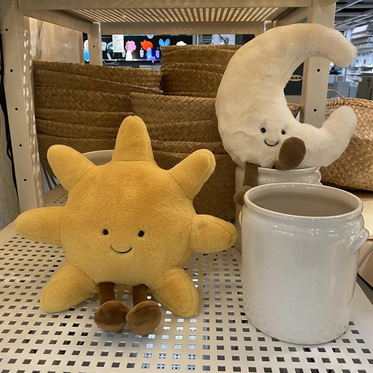 Adorable Smile Face White Moon Yellow Sun Plushie Stuffed Cute Cartoon Weather Plush Toy for Kid Bedroom Decor Sofa Throw Pillow